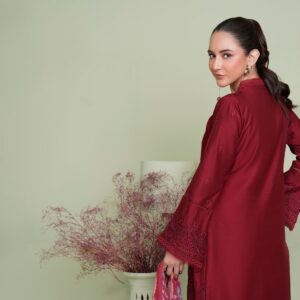 Portrait of a young woman in a stylish burgundy dress with floral embroidery indoors.