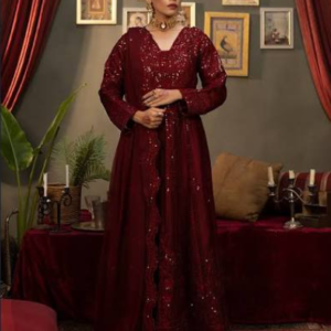 Regal Maroon Chiffon Festive Ensemble
